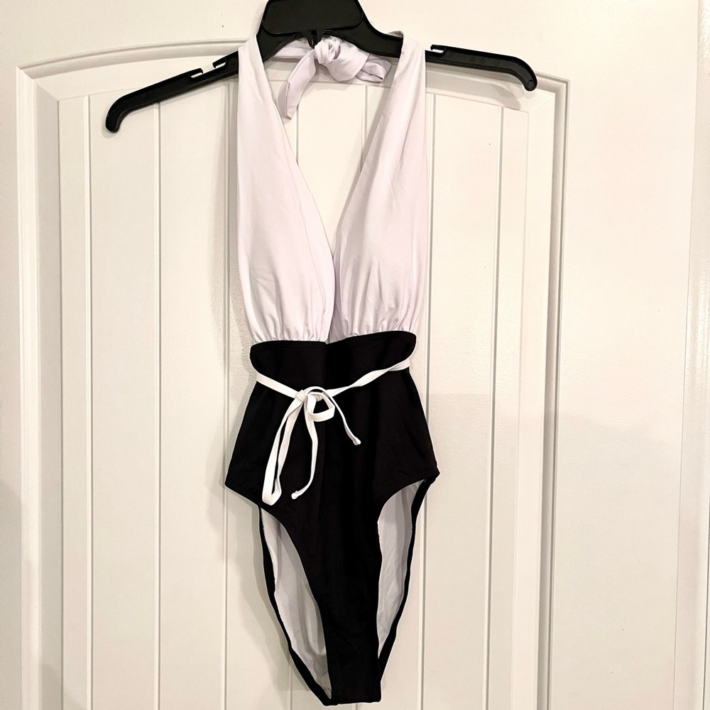 Black and white halter one piece swimsuit